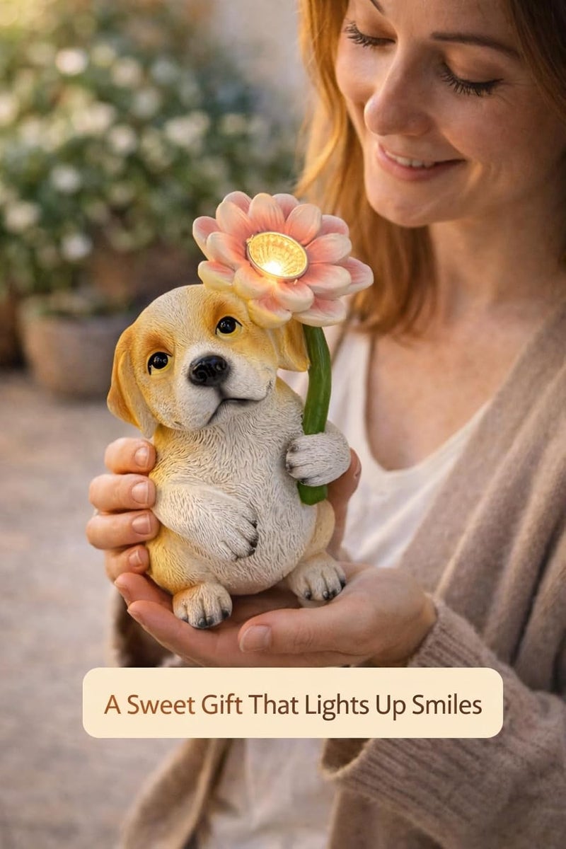 GoGnome Solar Dog Garden Statue with LED Flower – Hand-Painted Resin Puppy Figurine, Solar Powered Outdoor Garden Decor, Auto On/Off Yard Light Gift (Puppy) - Image 2